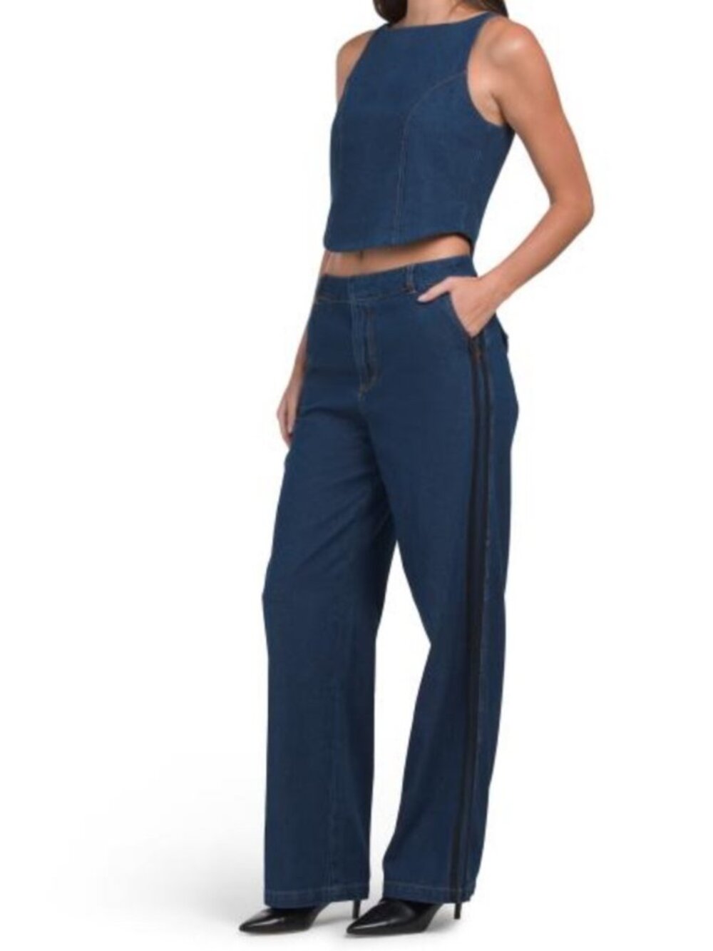 WAYF Dark Blue Denim Two-Piece Set - Crop Top & Wide Leg Pants
